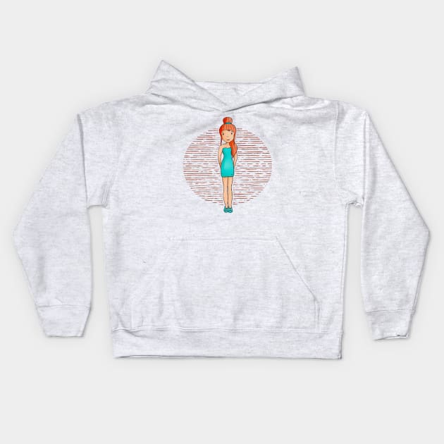 Cute girl with red hair wearing a green outfit and shoes. Kids Hoodie by Sissely